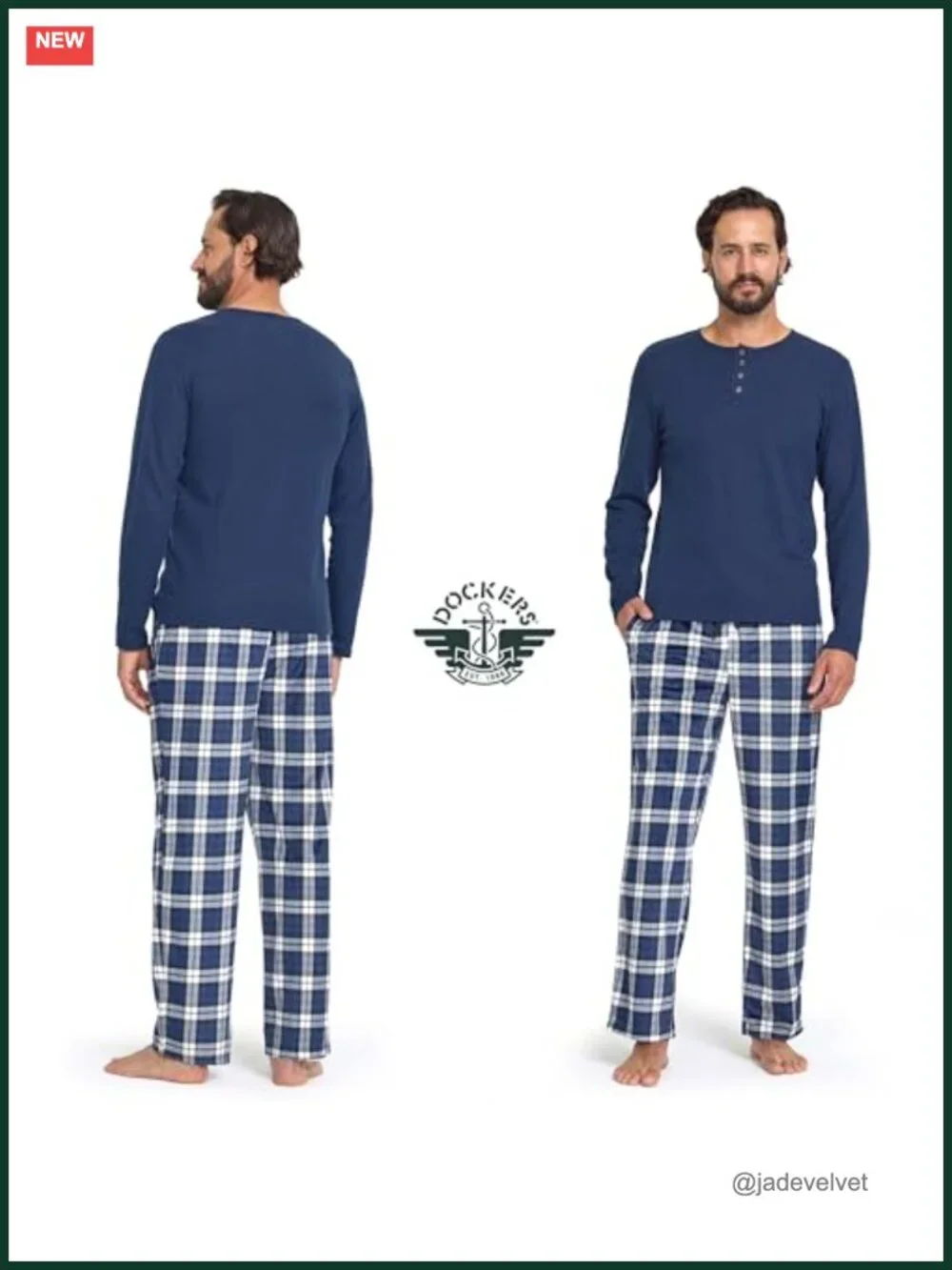 Men's Long Sleeve Henley & Plaid Pajama Set, Cotton Blend Lounge Sleepwear